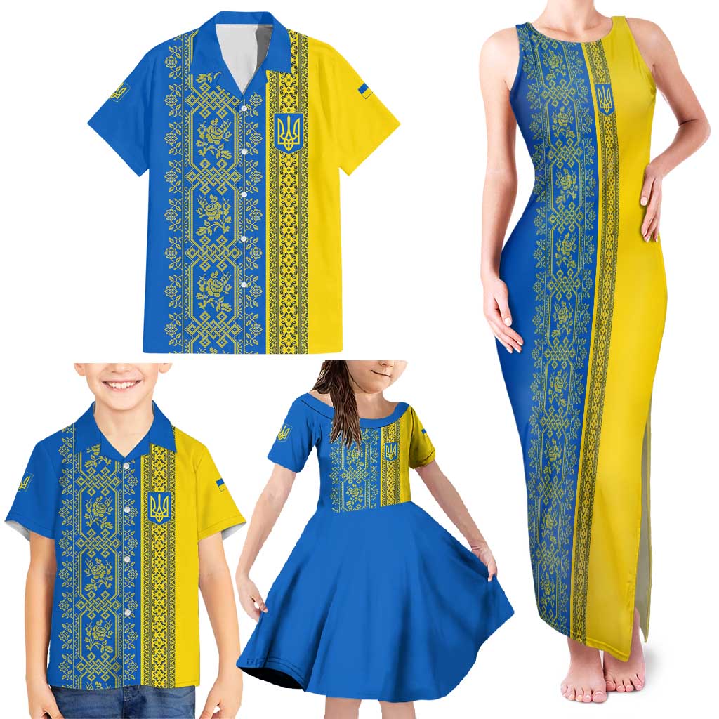 Ukrainian Flag Colors Family Matching Tank Maxi Dress and Hawaiian Shirt with Trident Crest and Traditional Folk Pattern
