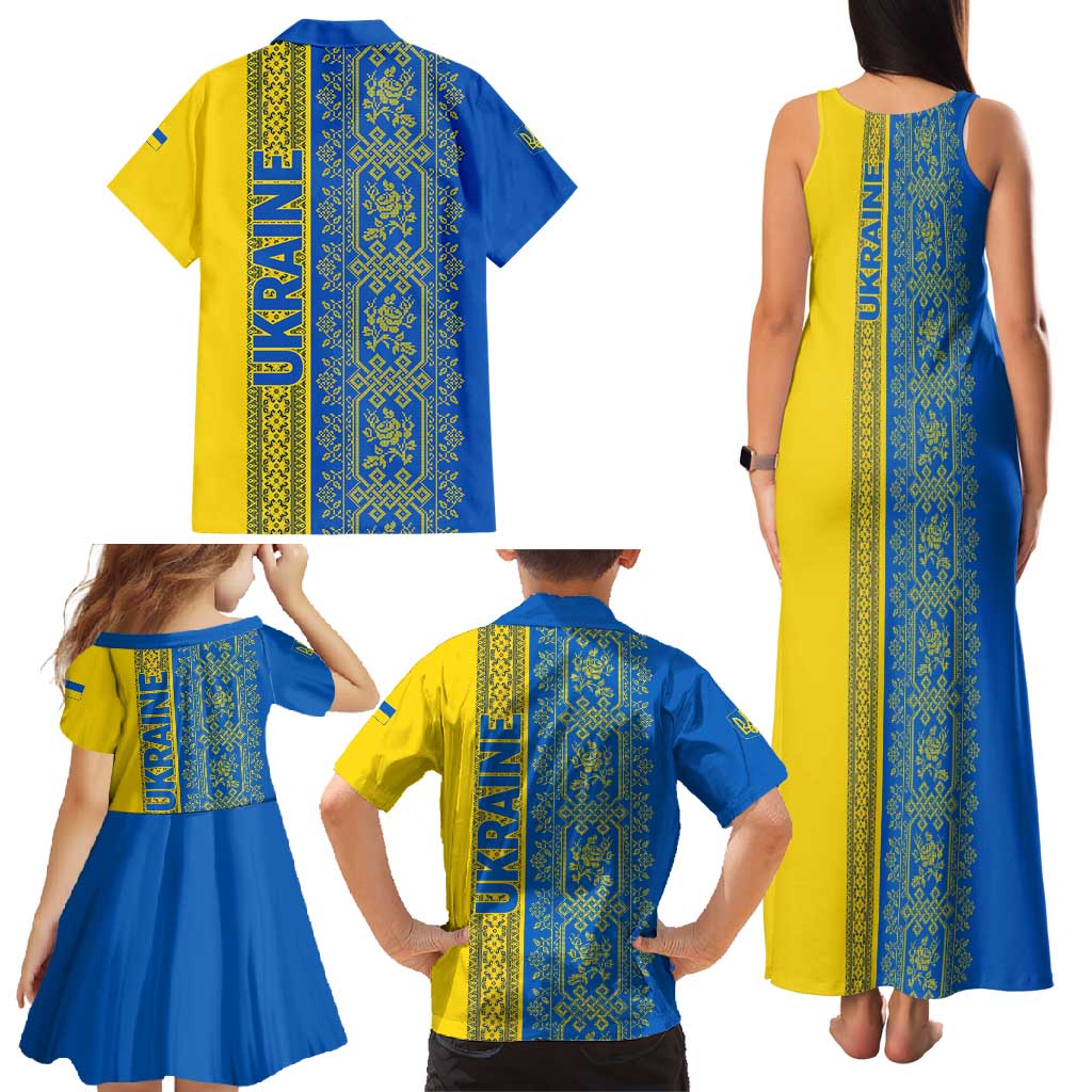 Ukrainian Flag Colors Family Matching Tank Maxi Dress and Hawaiian Shirt with Trident Crest and Traditional Folk Pattern