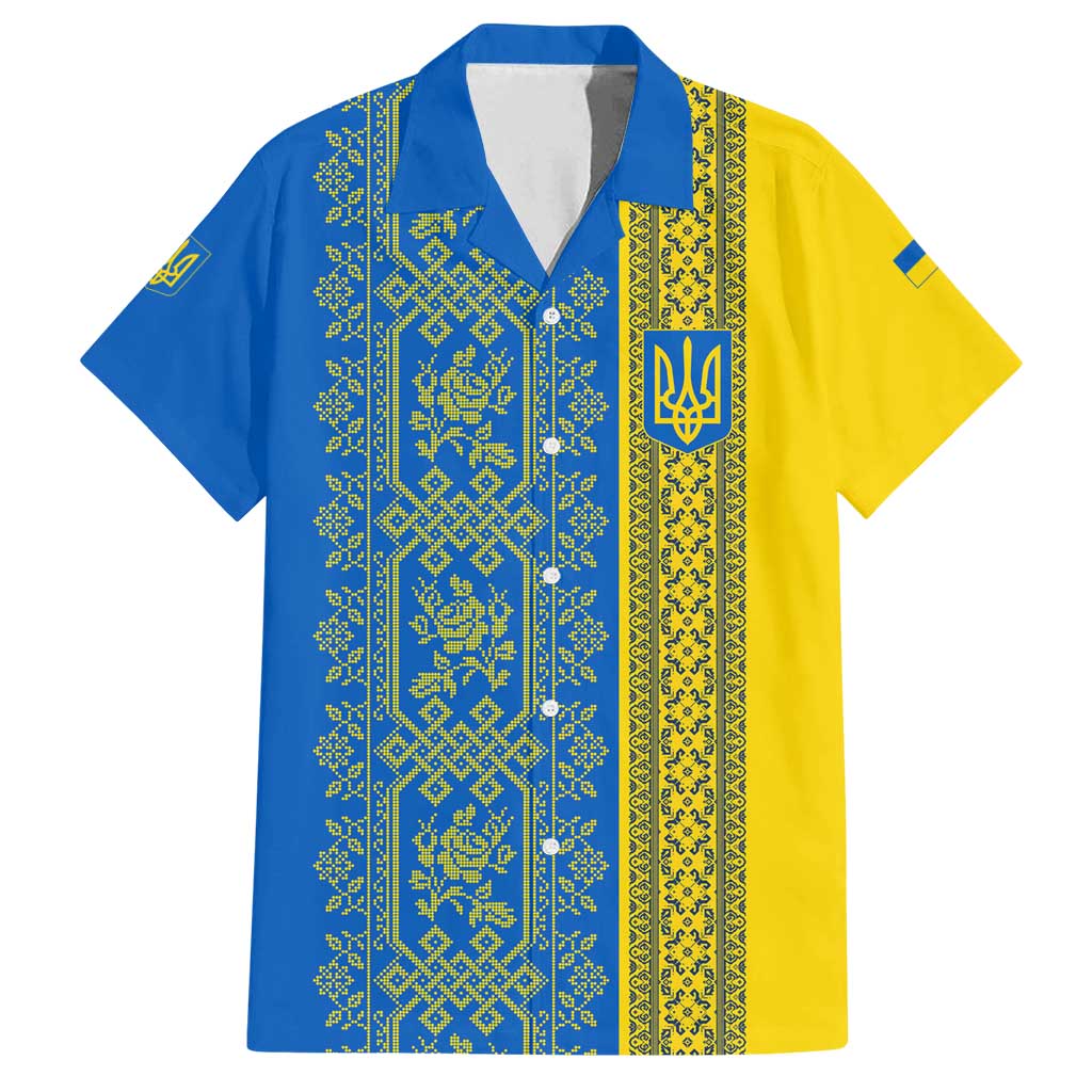 Ukrainian Flag Colors Family Matching Tank Maxi Dress and Hawaiian Shirt with Trident Crest and Traditional Folk Pattern