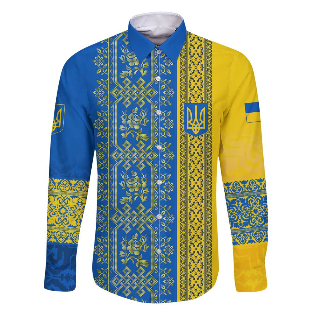 Ukrainian Flag Colors Family Matching Tank Maxi Dress and Hawaiian Shirt with Trident Crest and Traditional Folk Pattern