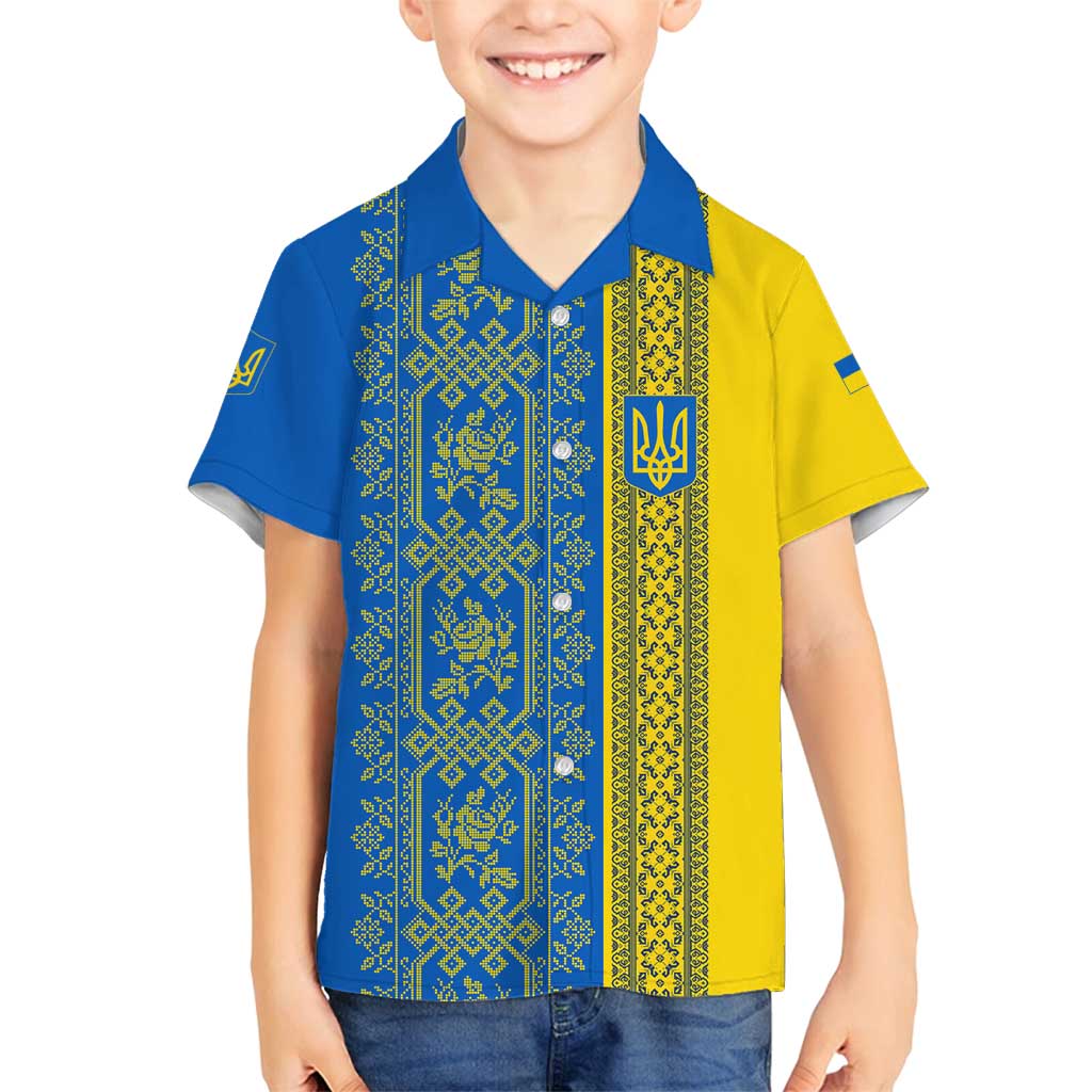 Ukrainian Flag Colors Family Matching Tank Maxi Dress and Hawaiian Shirt with Trident Crest and Traditional Folk Pattern