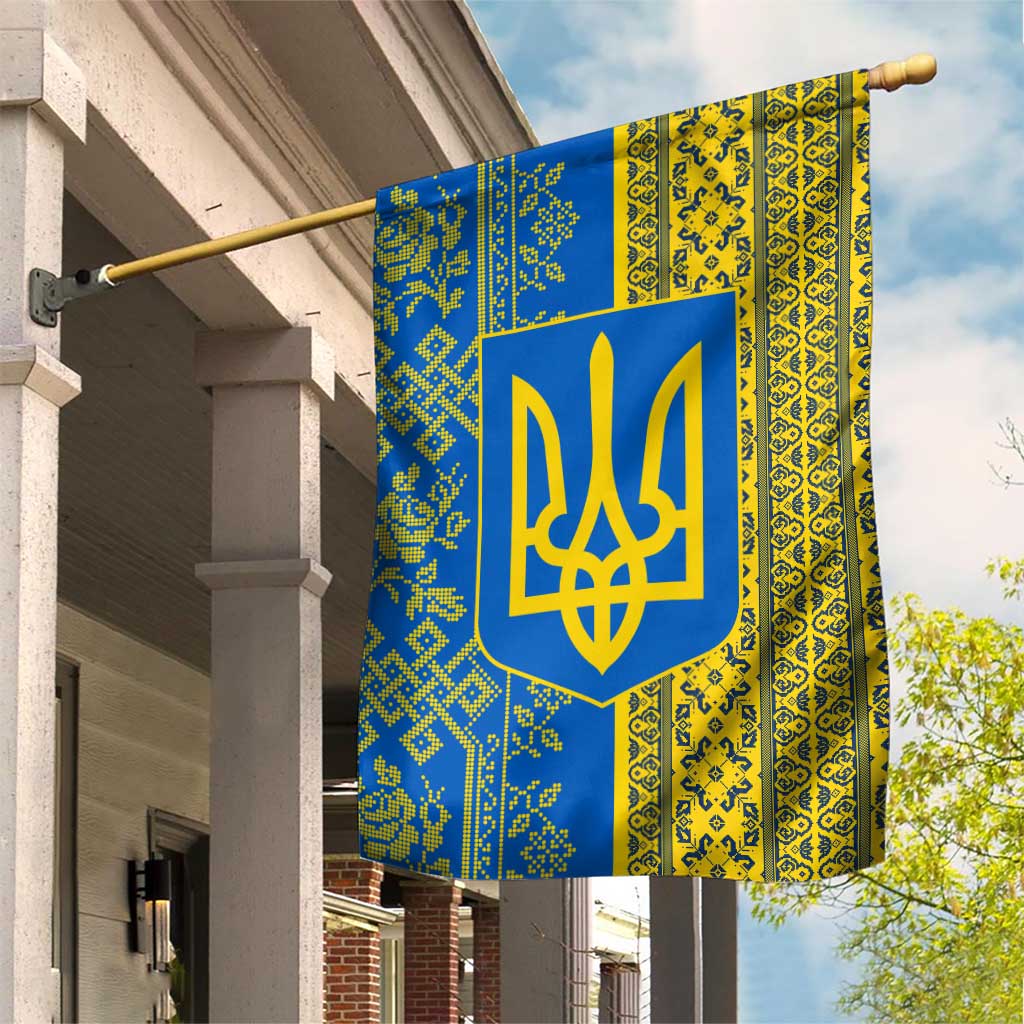 Ukrainian Flag Colors Garden Flag with Trident Crest and Traditional Folk Pattern