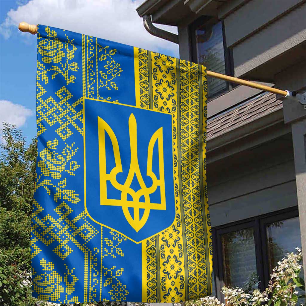 Ukrainian Flag Colors Garden Flag with Trident Crest and Traditional Folk Pattern