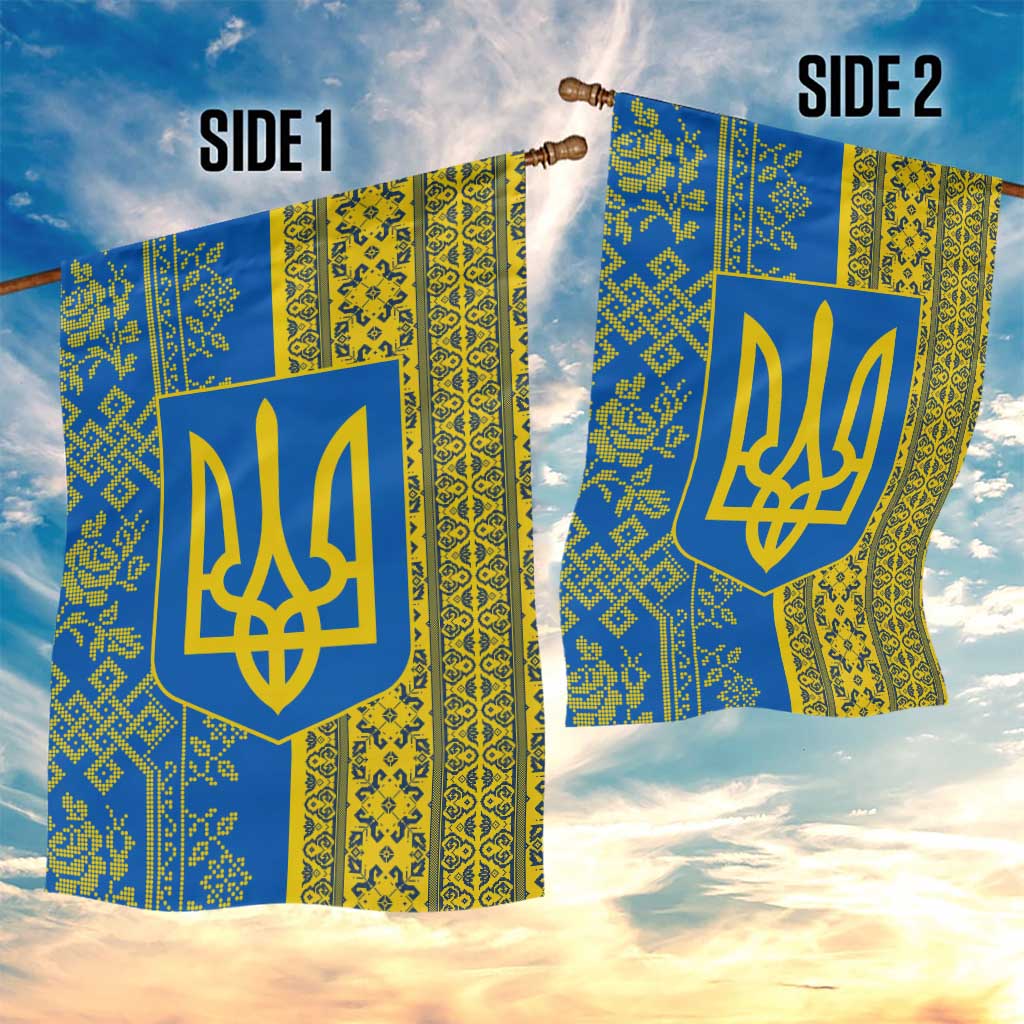 Ukrainian Flag Colors Garden Flag with Trident Crest and Traditional Folk Pattern