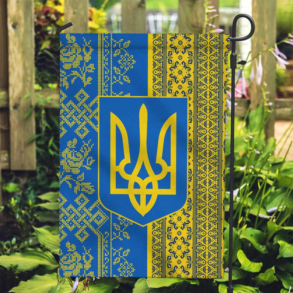 Ukrainian Flag Colors Garden Flag with Trident Crest and Traditional Folk Pattern