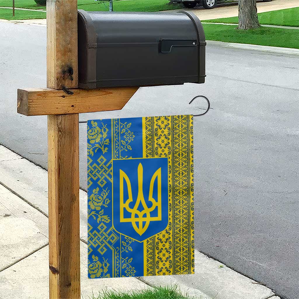 Ukrainian Flag Colors Garden Flag with Trident Crest and Traditional Folk Pattern