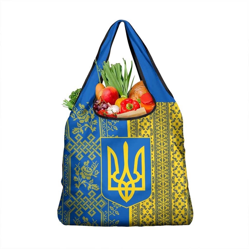 Ukrainian Flag Colors Grocery Bag with Trident Crest and Traditional Folk Pattern