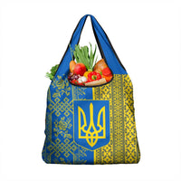 Ukrainian Flag Colors Grocery Bag with Trident Crest and Traditional Folk Pattern