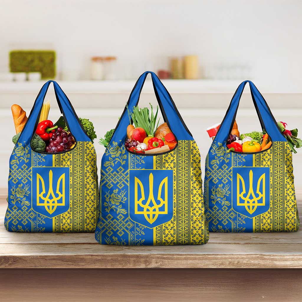 Ukrainian Flag Colors Grocery Bag with Trident Crest and Traditional Folk Pattern