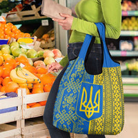 Ukrainian Flag Colors Grocery Bag with Trident Crest and Traditional Folk Pattern