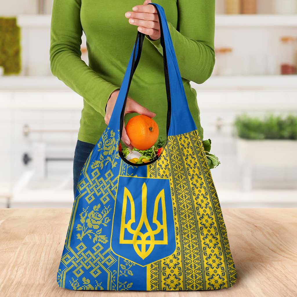 Ukrainian Flag Colors Grocery Bag with Trident Crest and Traditional Folk Pattern