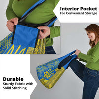 Ukrainian Flag Colors Grocery Bag with Trident Crest and Traditional Folk Pattern