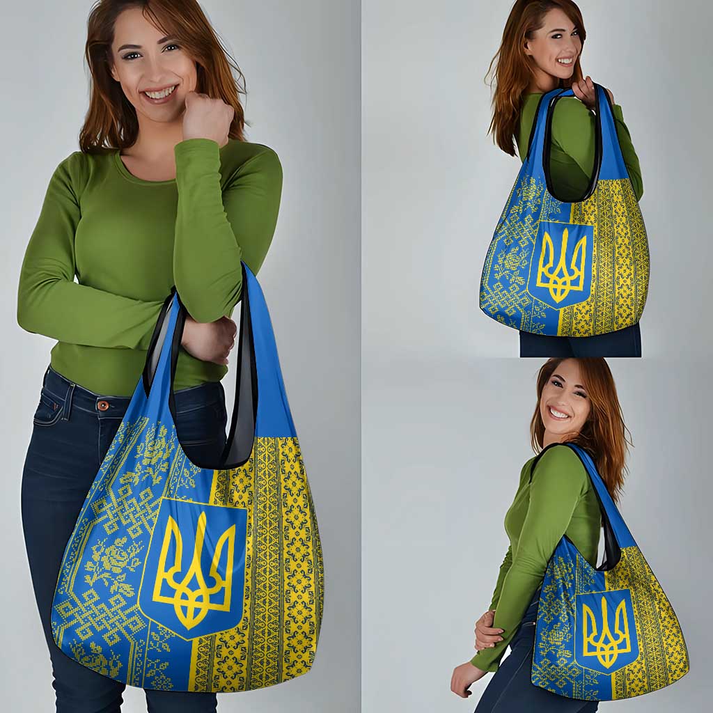 Ukrainian Flag Colors Grocery Bag with Trident Crest and Traditional Folk Pattern