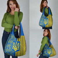 Ukrainian Flag Colors Grocery Bag with Trident Crest and Traditional Folk Pattern