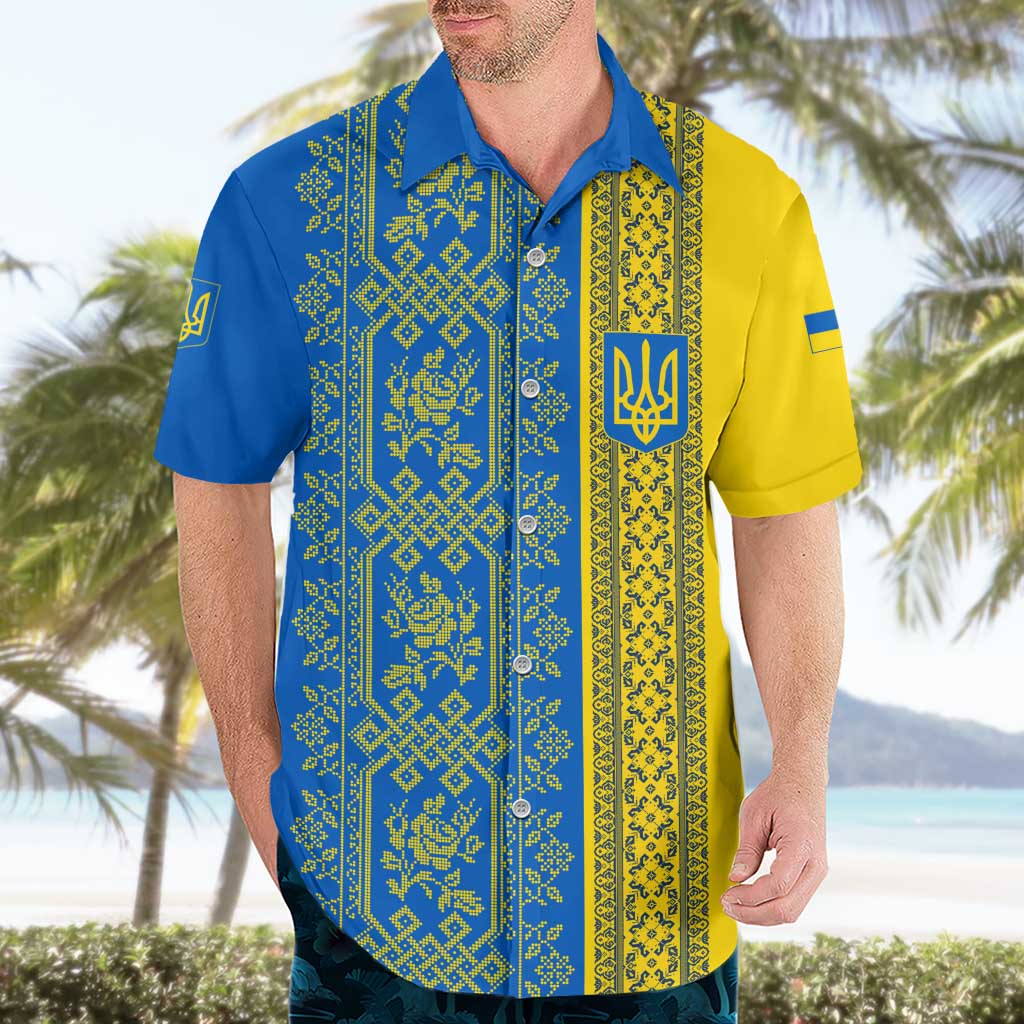 Ukrainian Flag Colors Hawaiian Shirt with Trident Crest and Traditional Folk Pattern