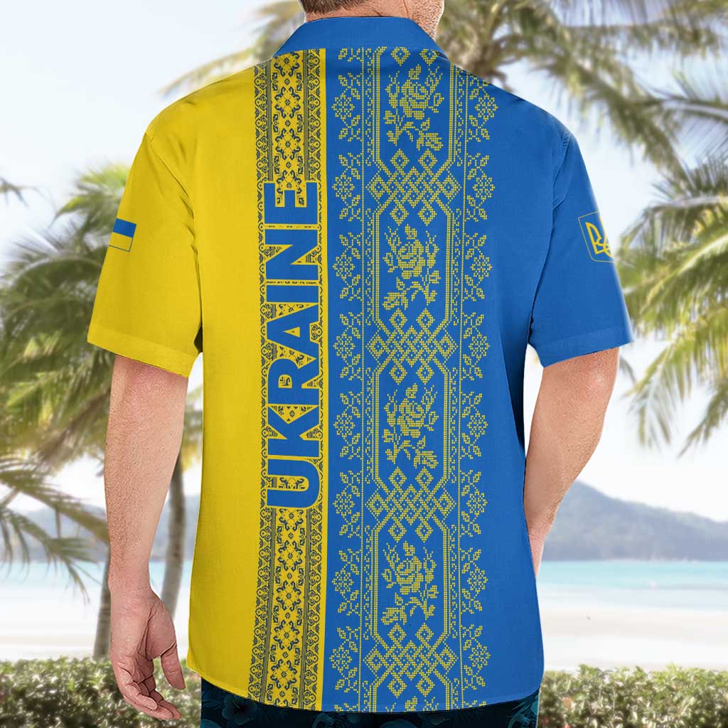 Ukrainian Flag Colors Hawaiian Shirt with Trident Crest and Traditional Folk Pattern