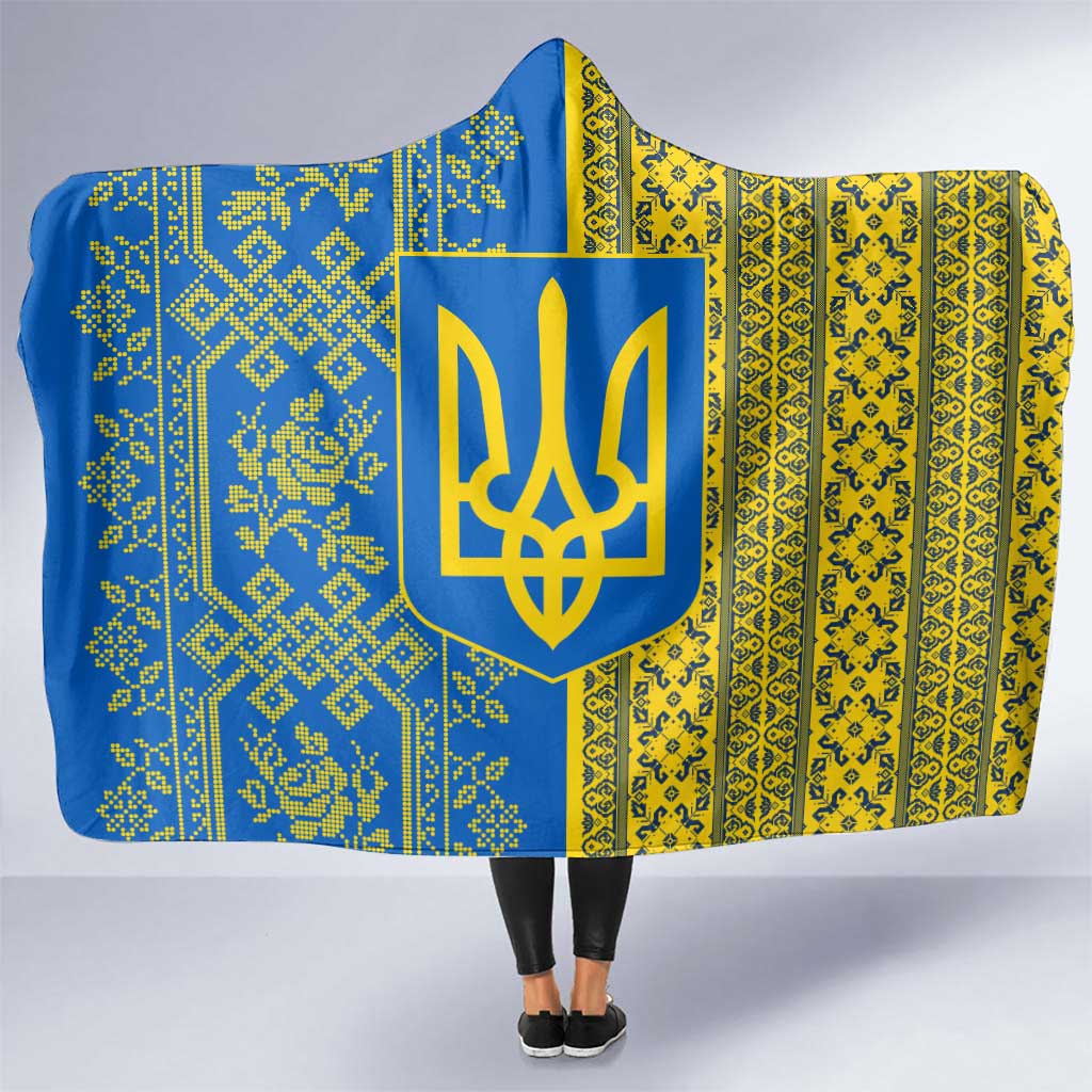 Ukrainian Flag Colors Hooded Blanket with Trident Crest and Traditional Folk Pattern