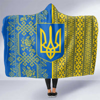 Ukrainian Flag Colors Hooded Blanket with Trident Crest and Traditional Folk Pattern