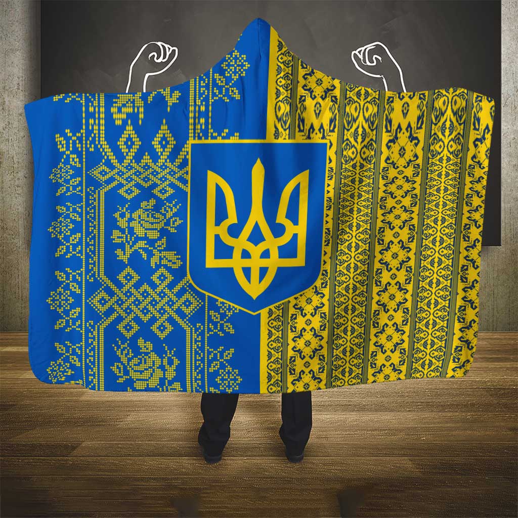 Ukrainian Flag Colors Hooded Blanket with Trident Crest and Traditional Folk Pattern
