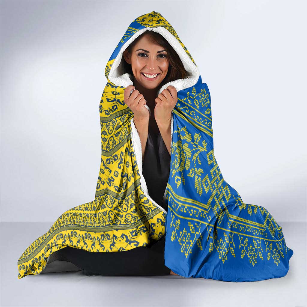Ukrainian Flag Colors Hooded Blanket with Trident Crest and Traditional Folk Pattern