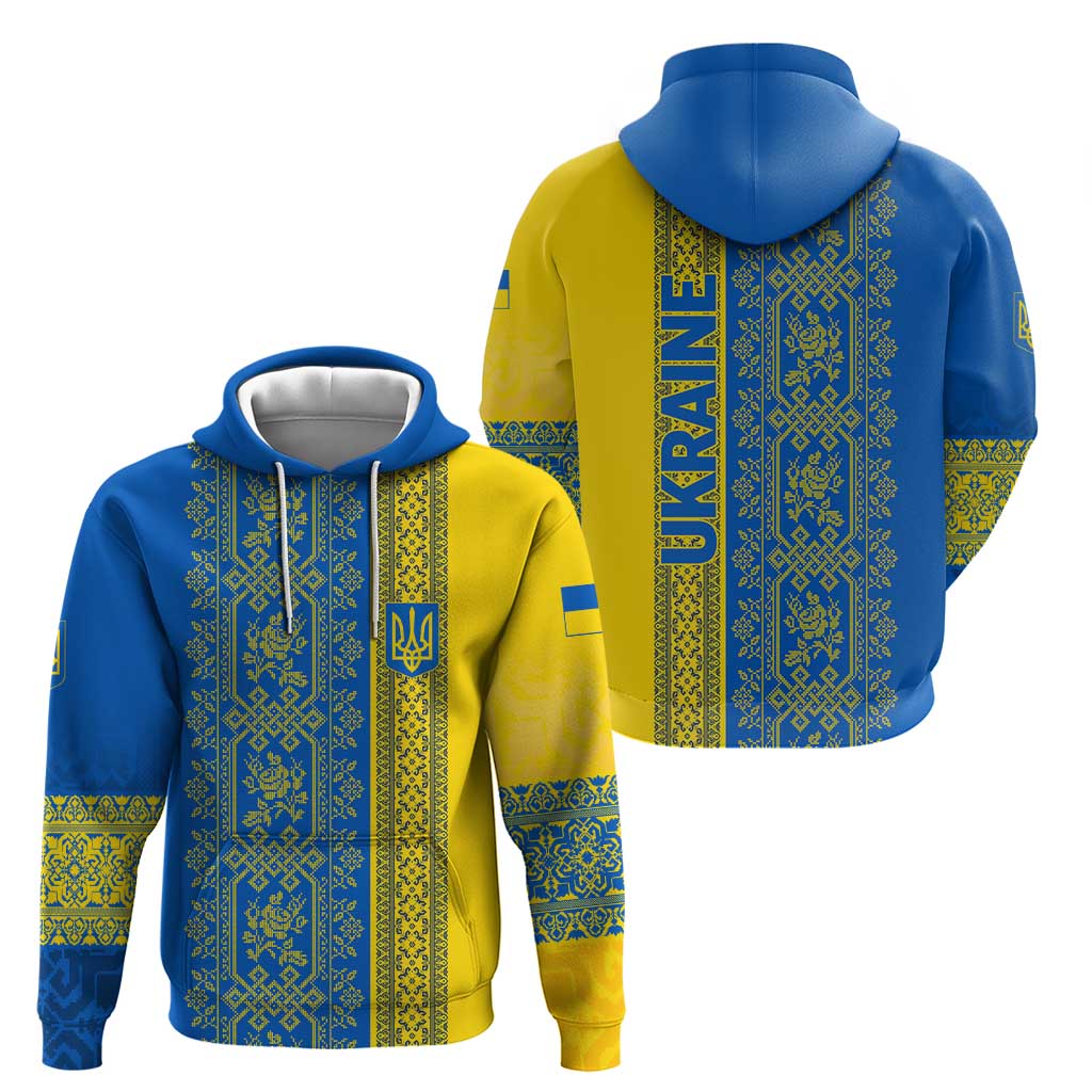 Ukrainian Flag Colors Hoodie with Trident Crest and Traditional Folk Pattern