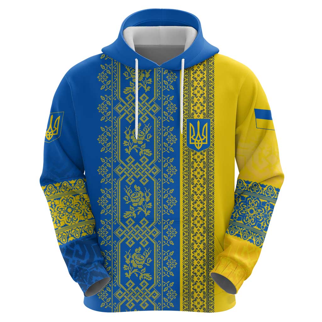 Ukrainian Flag Colors Hoodie with Trident Crest and Traditional Folk Pattern