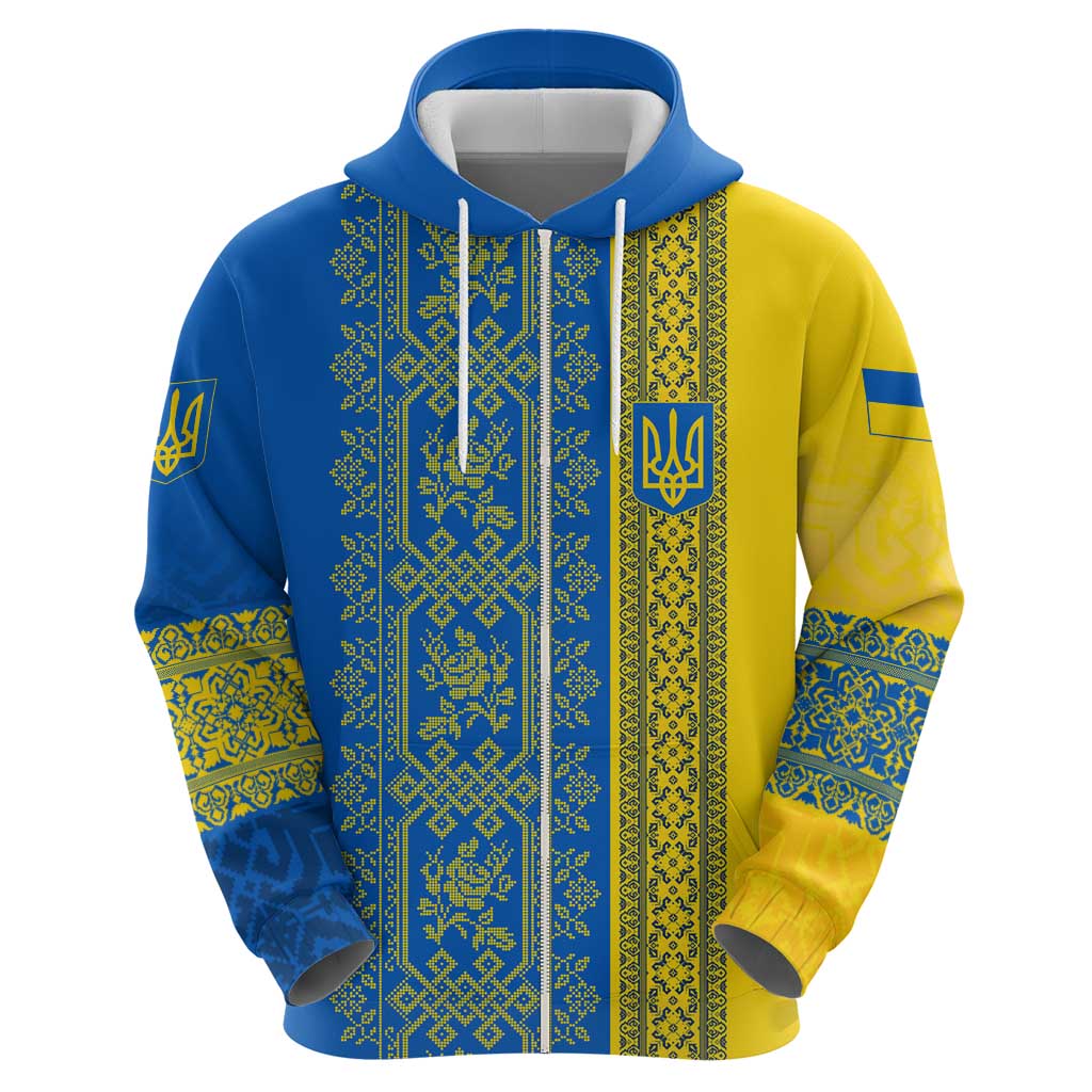 Ukrainian Flag Colors Hoodie with Trident Crest and Traditional Folk Pattern