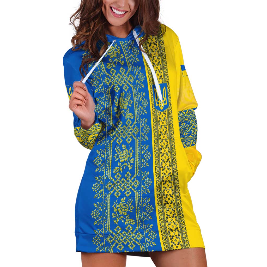 Ukrainian Flag Colors Hoodie Dress with Trident Crest and Traditional Folk Pattern