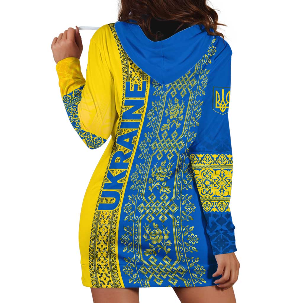 Ukrainian Flag Colors Hoodie Dress with Trident Crest and Traditional Folk Pattern