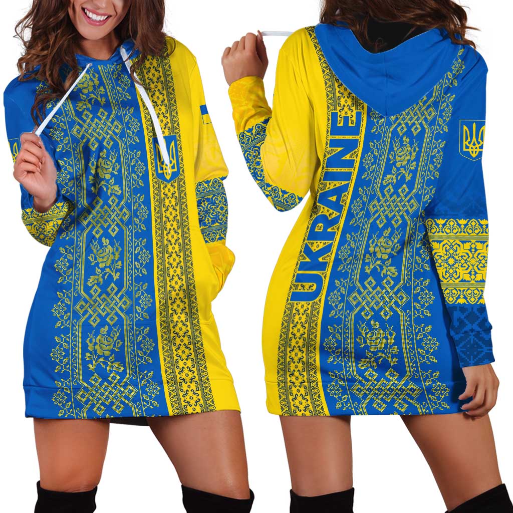 Ukrainian Flag Colors Hoodie Dress with Trident Crest and Traditional Folk Pattern