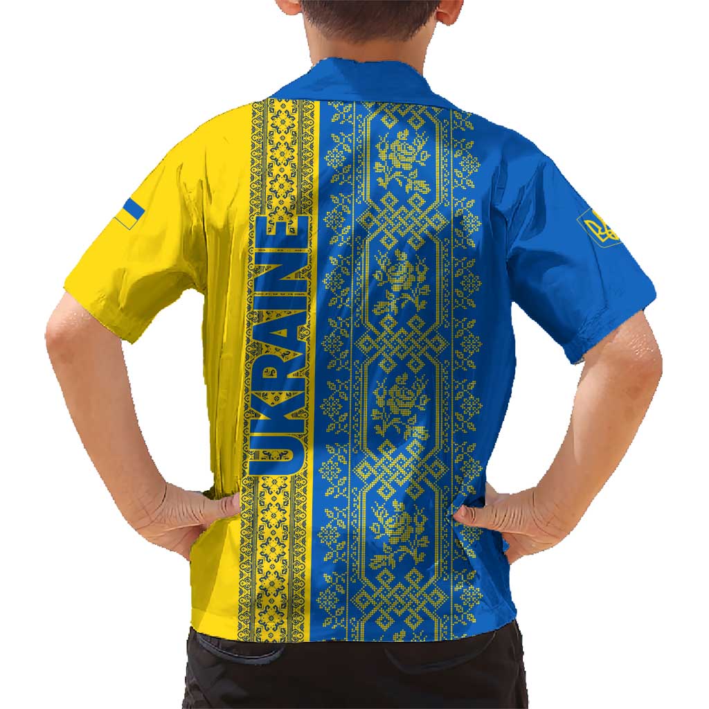 Ukrainian Flag Colors Kid Hawaiian Shirt with Trident Crest and Traditional Folk Pattern