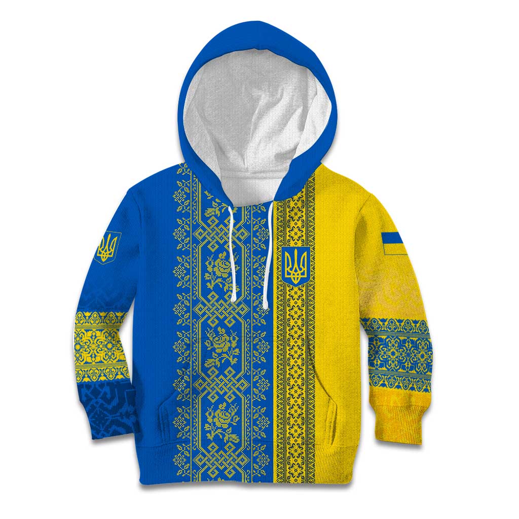 Ukrainian Flag Colors Kid Hoodie with Trident Crest and Traditional Folk Pattern