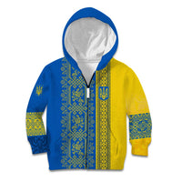 Ukrainian Flag Colors Kid Hoodie with Trident Crest and Traditional Folk Pattern