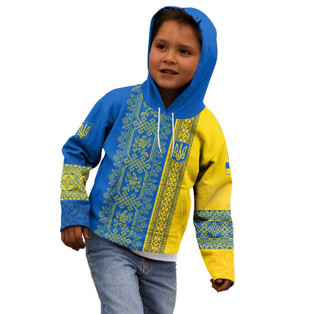 Ukrainian Flag Colors Kid Hoodie with Trident Crest and Traditional Folk Pattern