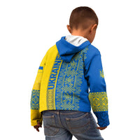 Ukrainian Flag Colors Kid Hoodie with Trident Crest and Traditional Folk Pattern
