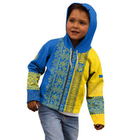 Ukrainian Flag Colors Kid Hoodie with Trident Crest and Traditional Folk Pattern