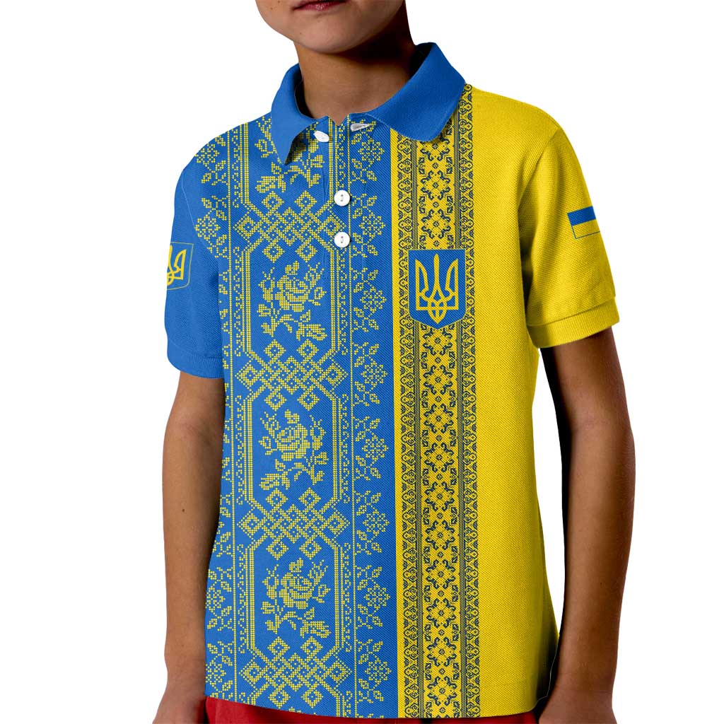 Ukrainian Flag Colors Kid Polo Shirt with Trident Crest and Traditional Folk Pattern