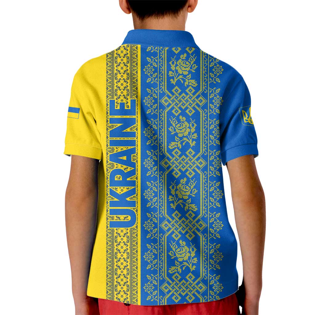 Ukrainian Flag Colors Kid Polo Shirt with Trident Crest and Traditional Folk Pattern