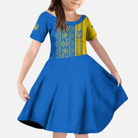 Ukrainian Flag Colors Kid Short Sleeve Dress with Trident Crest and Traditional Folk Pattern