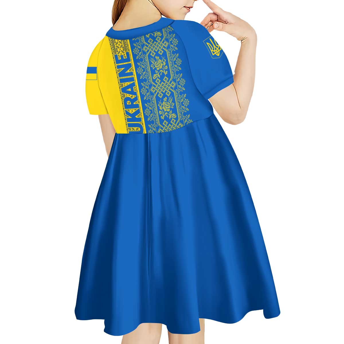 Ukrainian Flag Colors Kid Short Sleeve Dress with Trident Crest and Traditional Folk Pattern