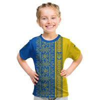 Ukrainian Flag Colors Kid T Shirt with Trident Crest and Traditional Folk Pattern