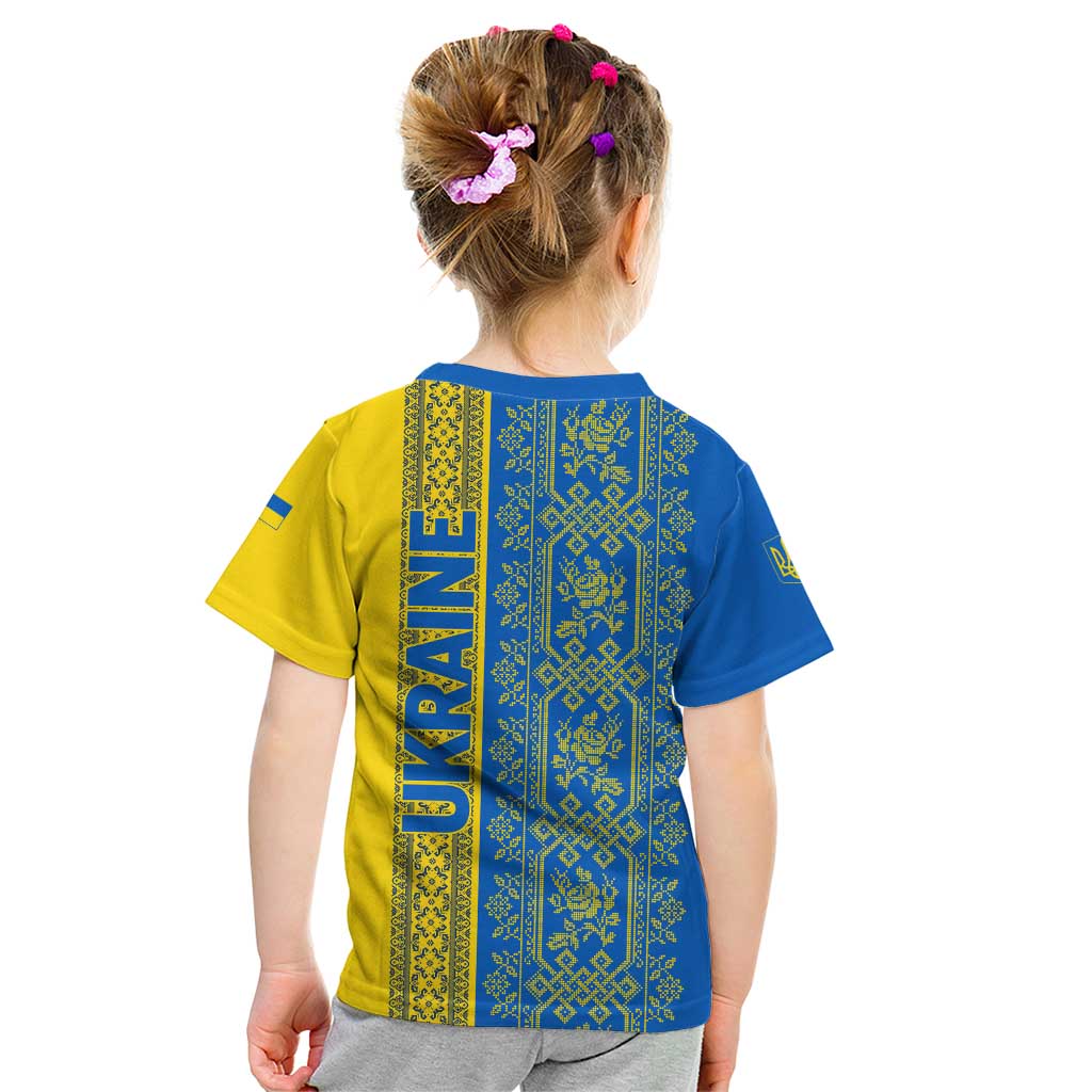 Ukrainian Flag Colors Kid T Shirt with Trident Crest and Traditional Folk Pattern