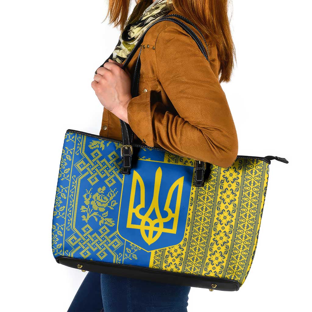 Ukrainian Flag Colors Leather Tote Bag with Trident Crest and Traditional Folk Pattern