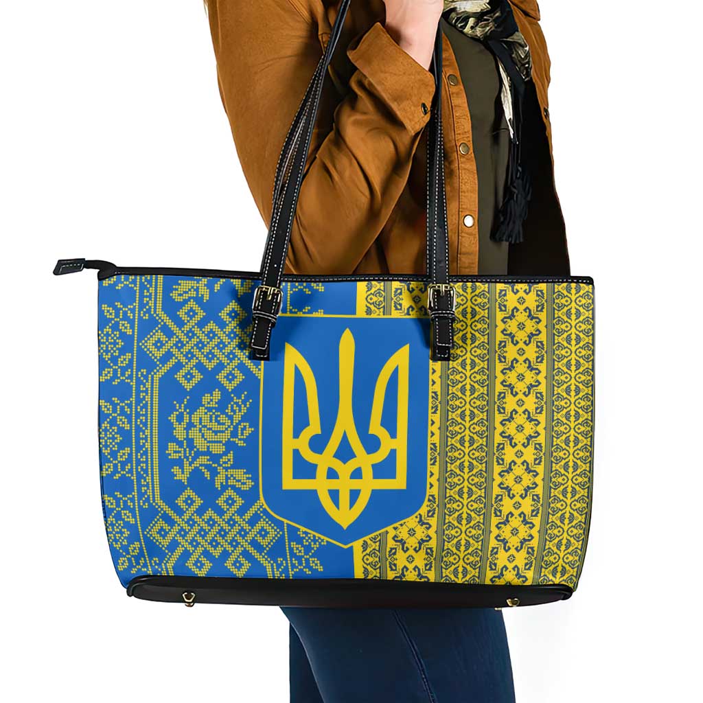 Ukrainian Flag Colors Leather Tote Bag with Trident Crest and Traditional Folk Pattern