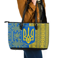 Ukrainian Flag Colors Leather Tote Bag with Trident Crest and Traditional Folk Pattern