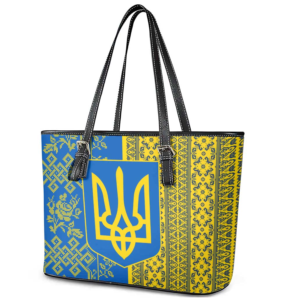 Ukrainian Flag Colors Leather Tote Bag with Trident Crest and Traditional Folk Pattern