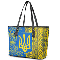 Ukrainian Flag Colors Leather Tote Bag with Trident Crest and Traditional Folk Pattern