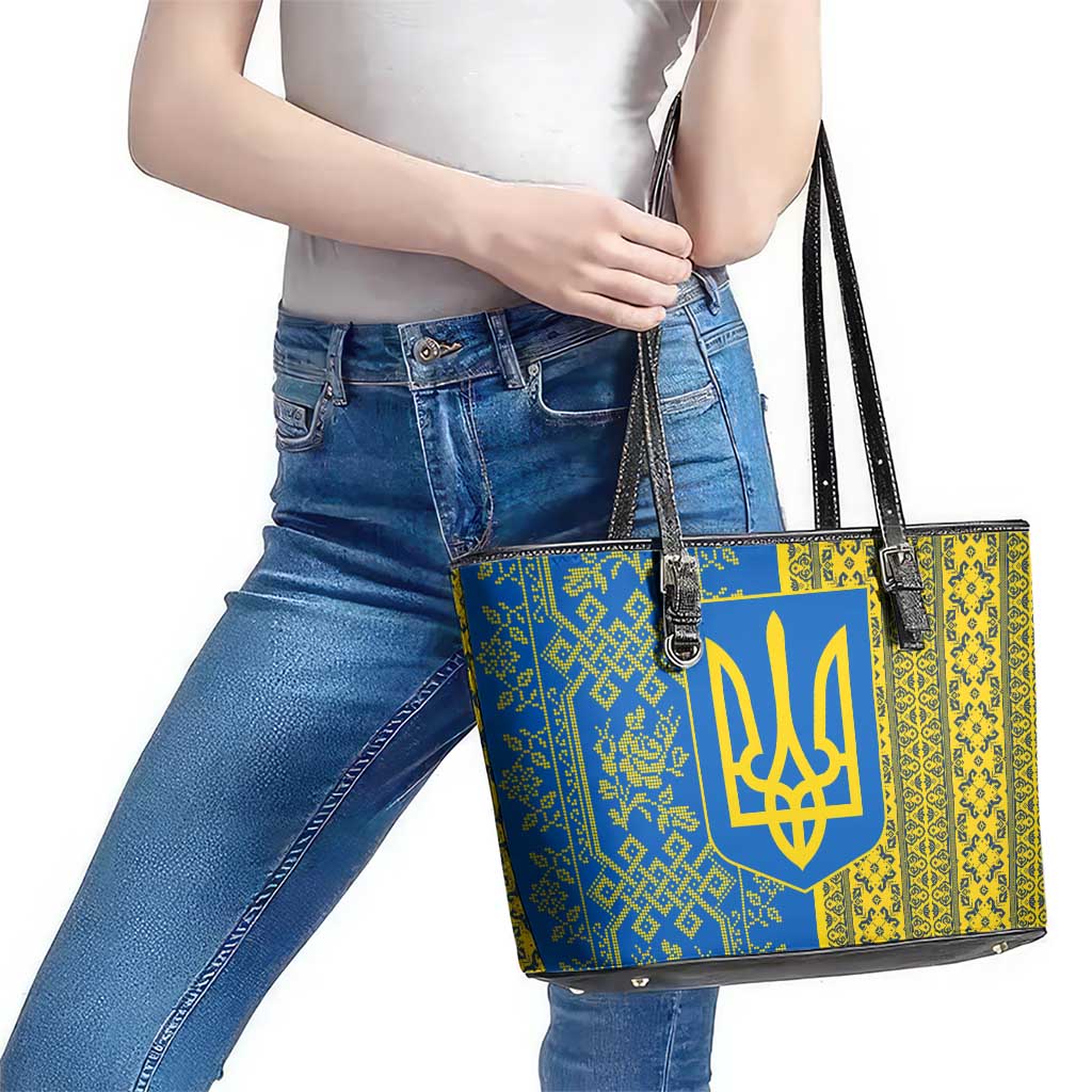 Ukrainian Flag Colors Leather Tote Bag with Trident Crest and Traditional Folk Pattern