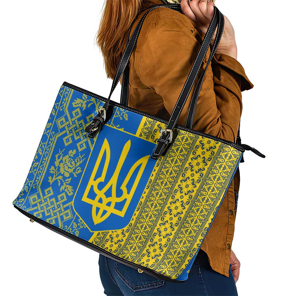 Ukrainian Flag Colors Leather Tote Bag with Trident Crest and Traditional Folk Pattern