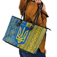 Ukrainian Flag Colors Leather Tote Bag with Trident Crest and Traditional Folk Pattern